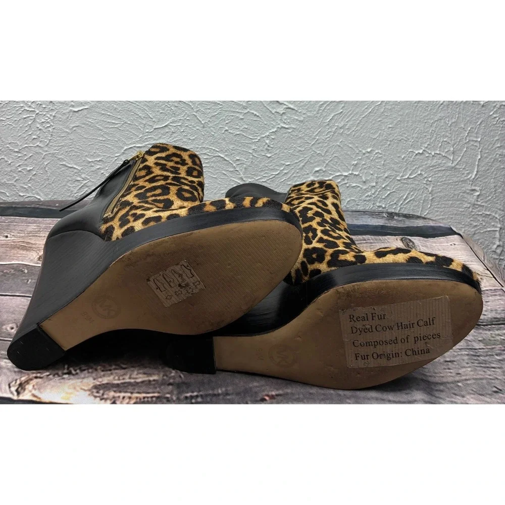 Michael Kors Womens 8M Leopard Calf Hair Platform Ankle Boots Side Zip Booties